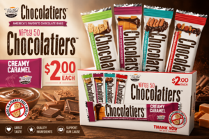 0 Cherrydale Bar | Winning Edge Boxed display of Chocolateers Nifty 50 bars with multiple flavors, showing a