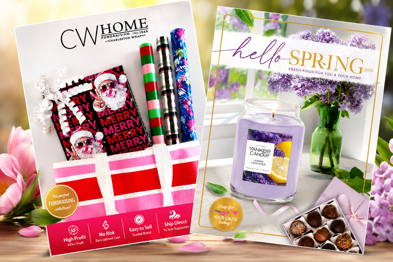 Catalogs combined | Winning Edge Two overlapping catalogs: a holiday fundraiser with gift wrap on the left and a spring home decor catalog with a lavender candle on the right