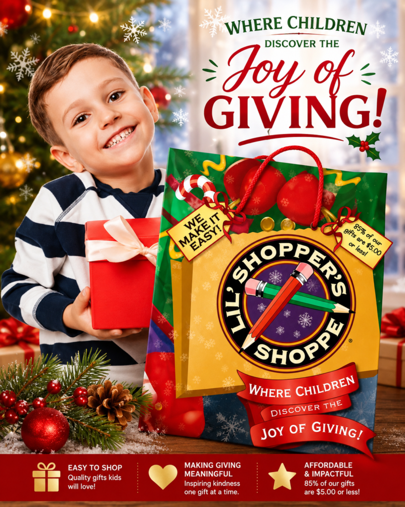 Little Shoppers Shop 2026 Image | Winning Edge Smiling child holding wrapped gifts beside colorful holiday shopping bags with'Joy of Giving' message and Christmas decor in the background.