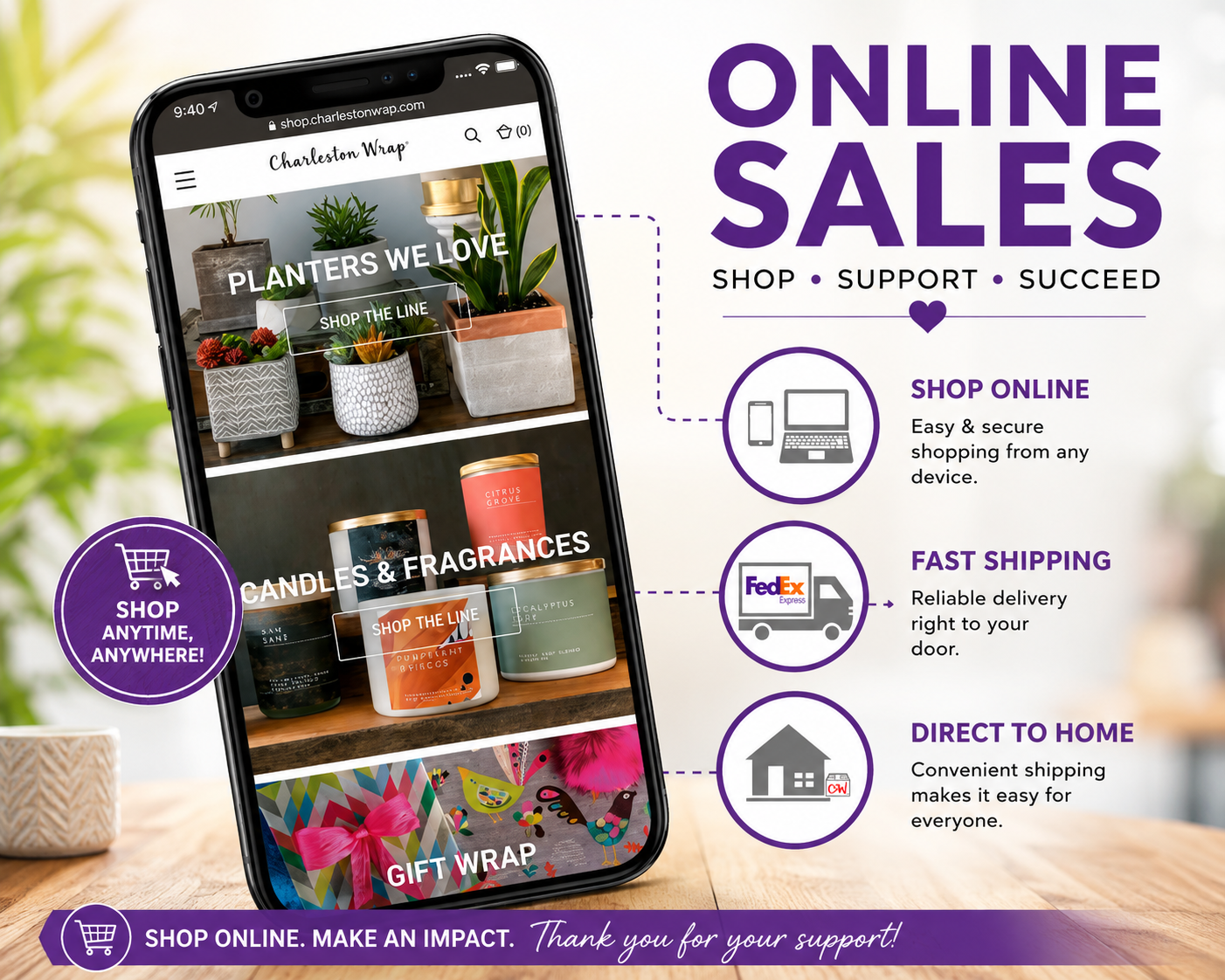 Online Sales | Winning Edge Promo graphic for online sales: smartphone displays Charleston Wrap shopping with planters, candles, gift wrap; highlights easy online shopping and fast shipping icons on the right.