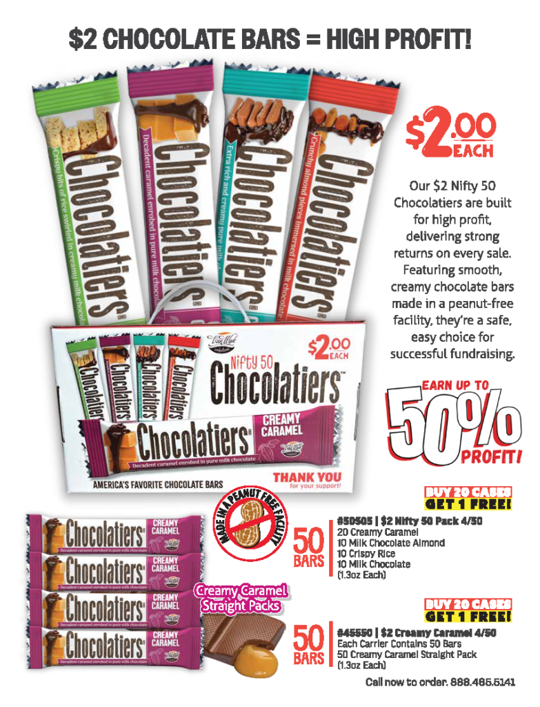 Vanwyk Fall-2026-Fundraising-Catalog-LOW-RES_Page_3 | Winning Edge Promo ad for Chocolatier bars: colorful wrappers, multiple 2-dollar packs, and text about up to 50% profit and 'Buy 20, Get 1 Free' offer.