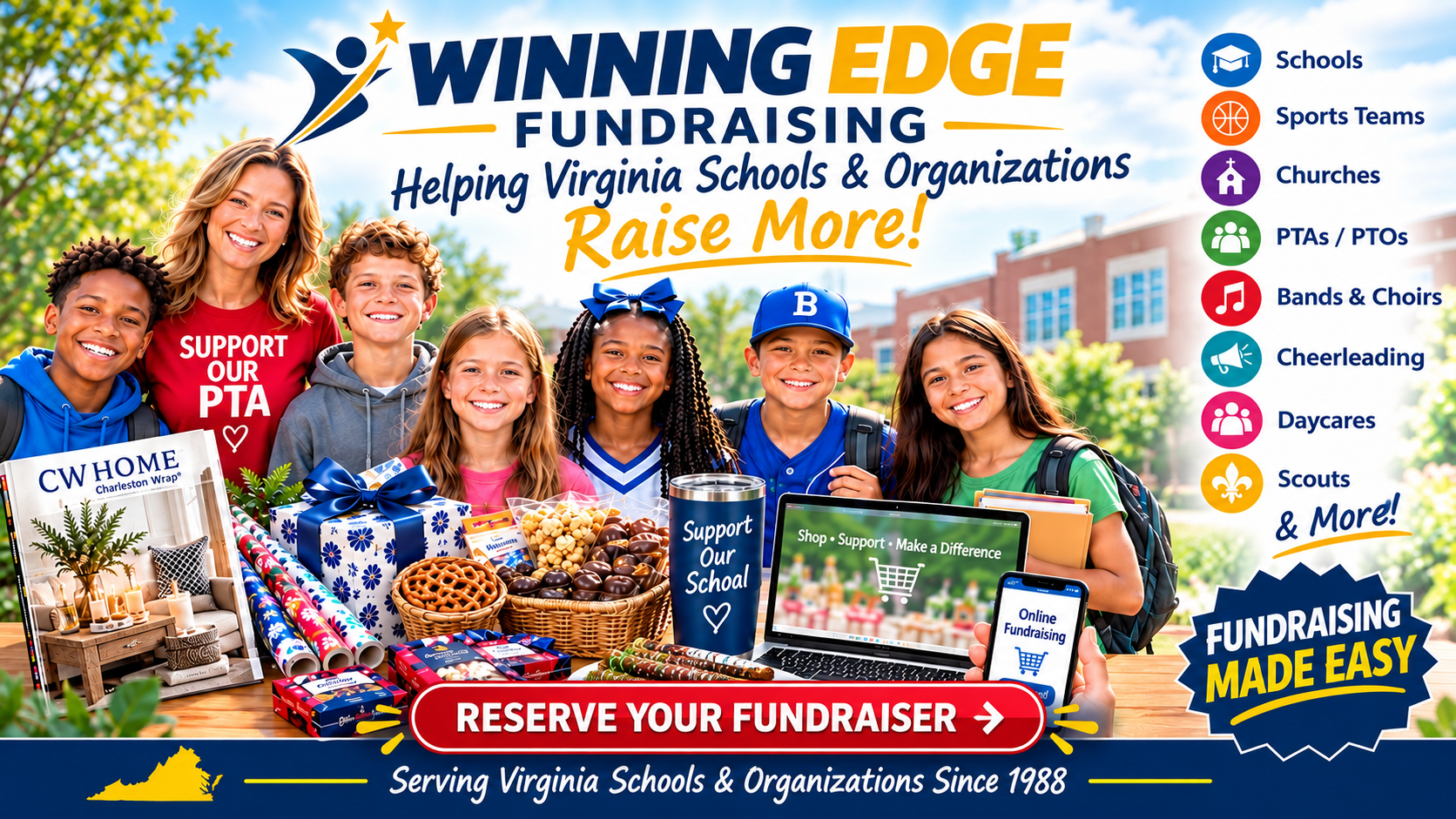 Group of smiling students and a volunteer with gift boxes in front of a school fundraiser banner for Winning Edge Fundraising for Virginia schools and organizations; right-side icons list programs.