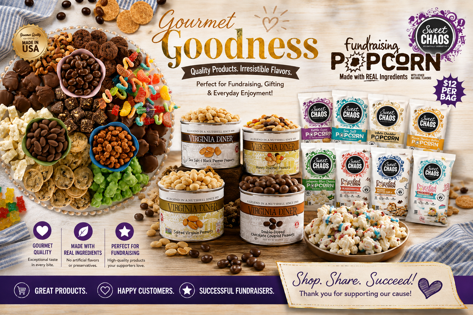 food sales | Winning Edge Promotional collage of chocolate and snack treats for a fundraiser, with 'Gourmet Goodness' branding and popcorn packets on the right.