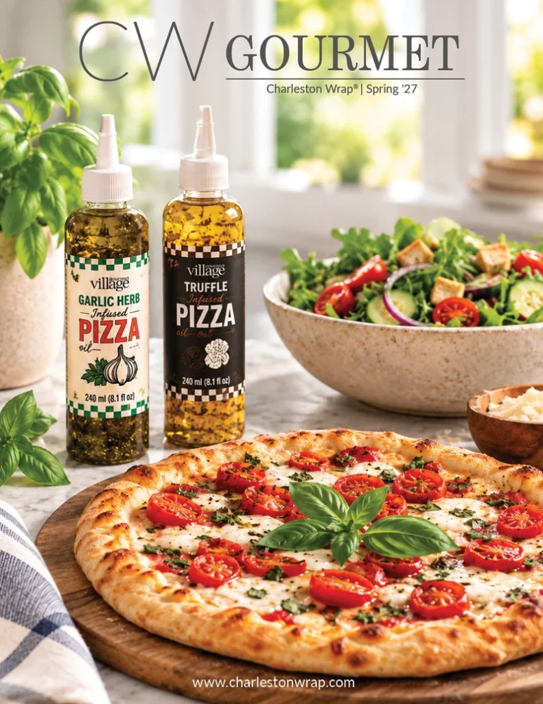 Pizza on a wooden board with fresh cherry tomatoes and basil, beside bottles of infused pizza oil and a salad bowl; CW GOURMET branding visible at top.