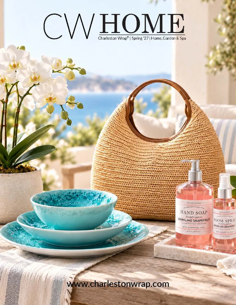 CW HOME coastal table setting featuring turquoise bowls, a woven tote bag, orchid plant, and pink hand soap and spray with an ocean backdrop.